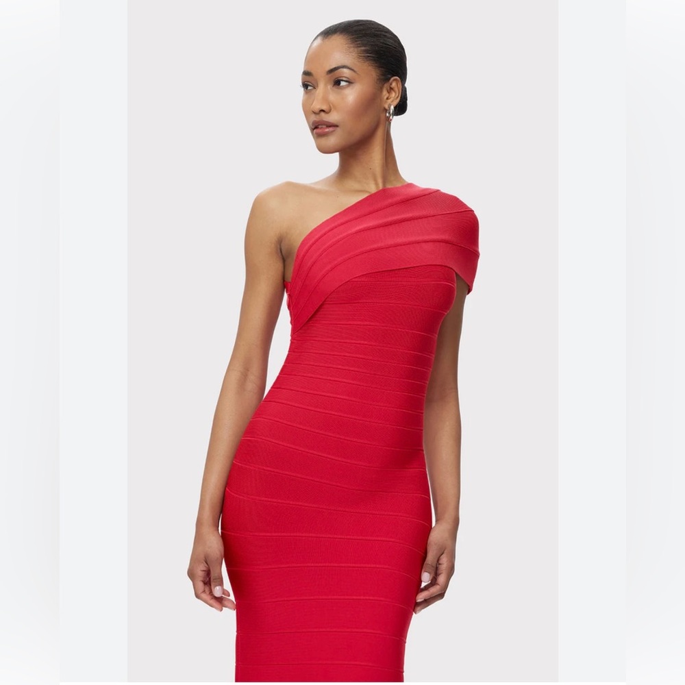 Herve Leger One Shoulder Red Knee Length Dress - Size Medium